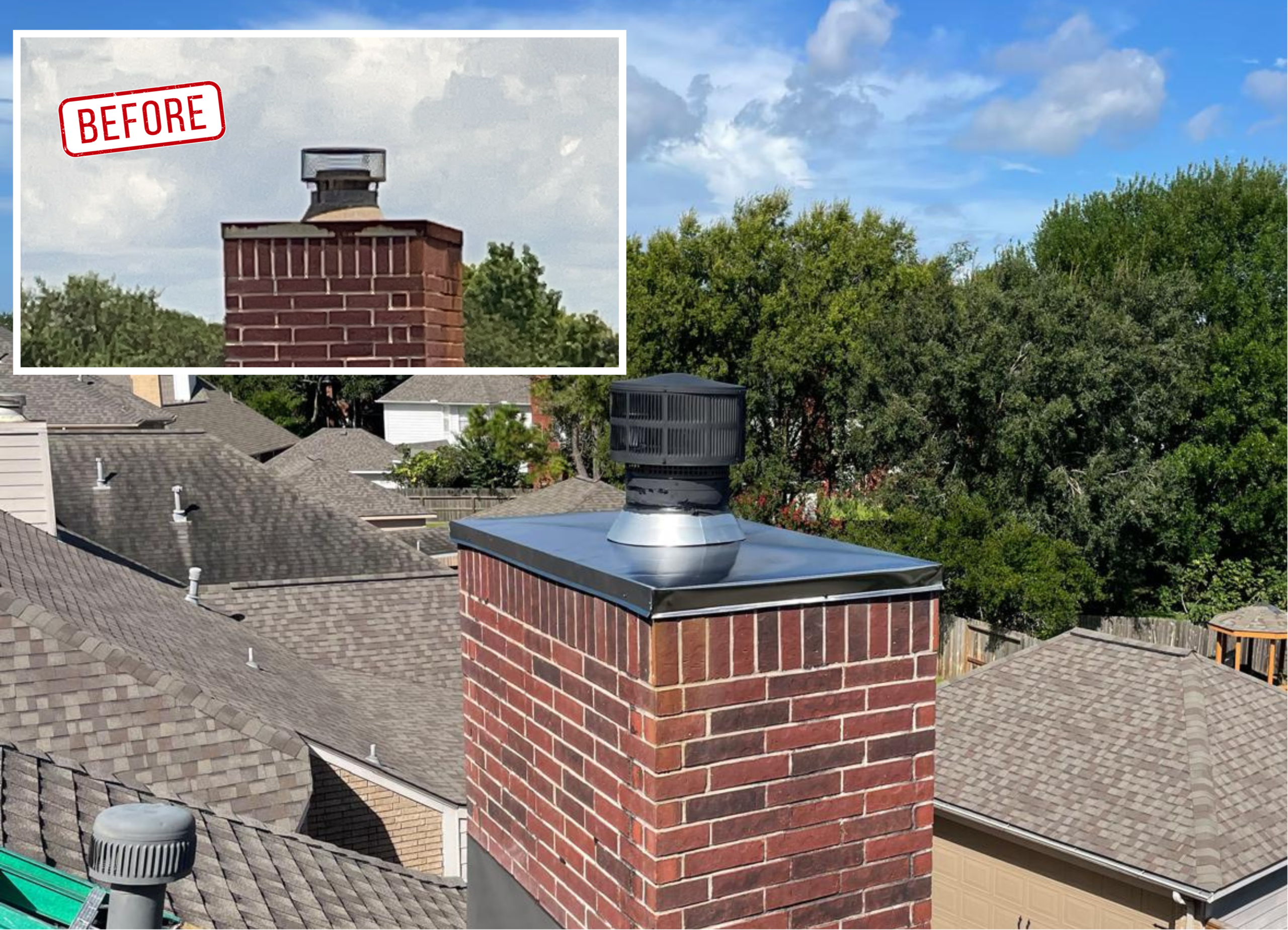 Before and after: chimney chase cover replacement in Houston