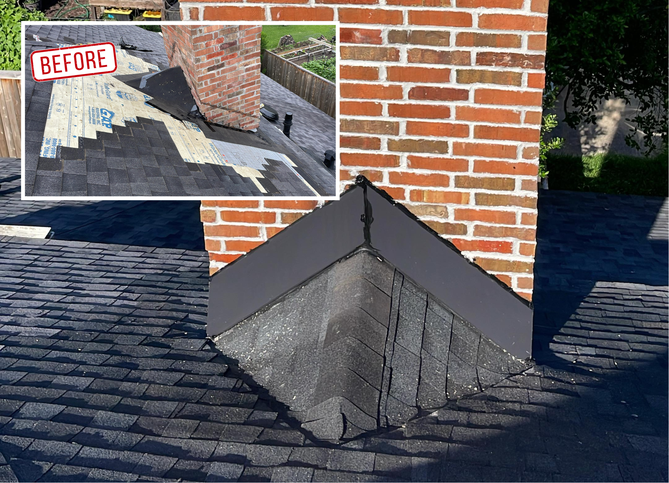 Before and after: chimney cricket repair in Houston