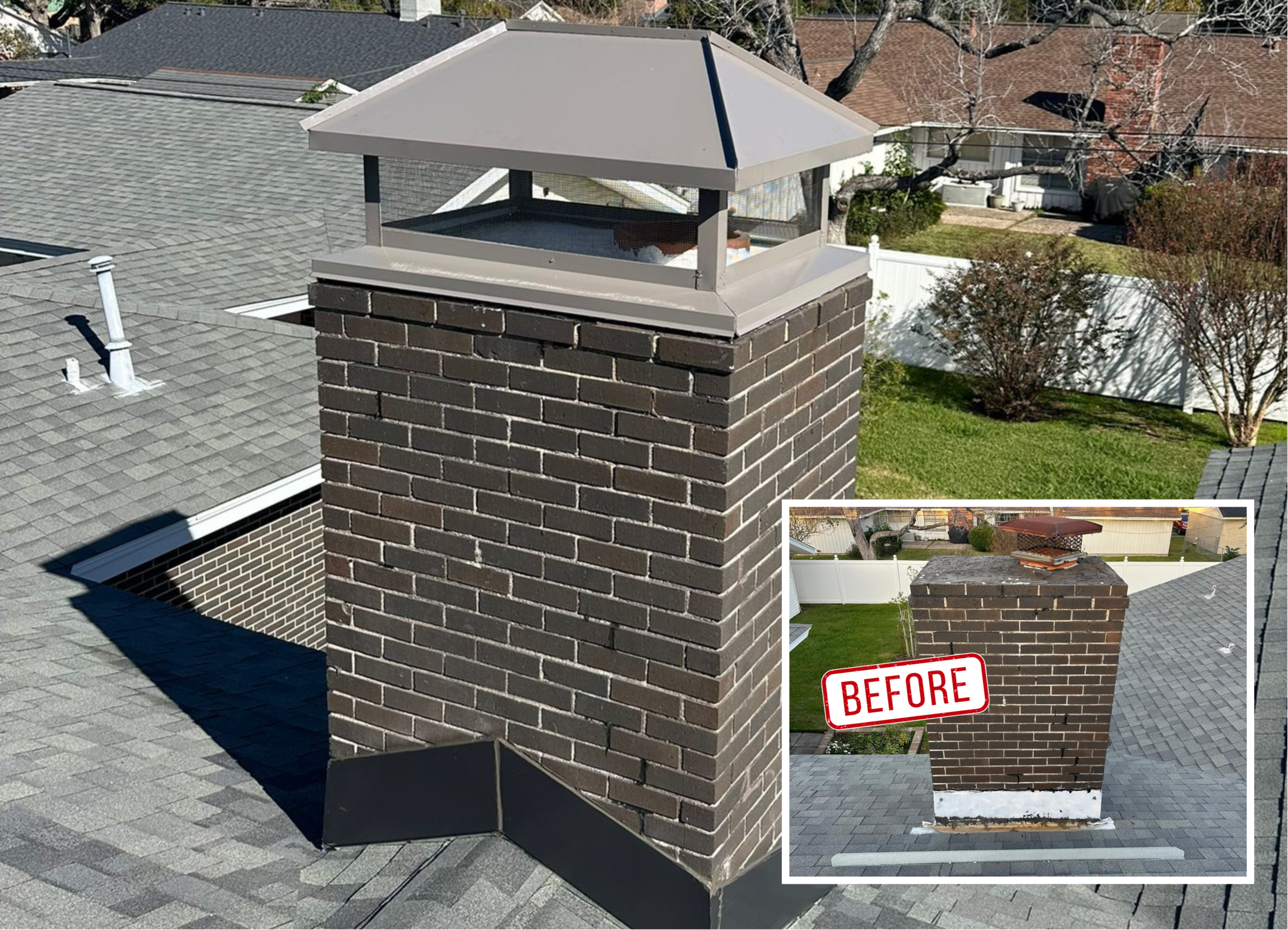 Before and after: custom chimney cap installation in Houston