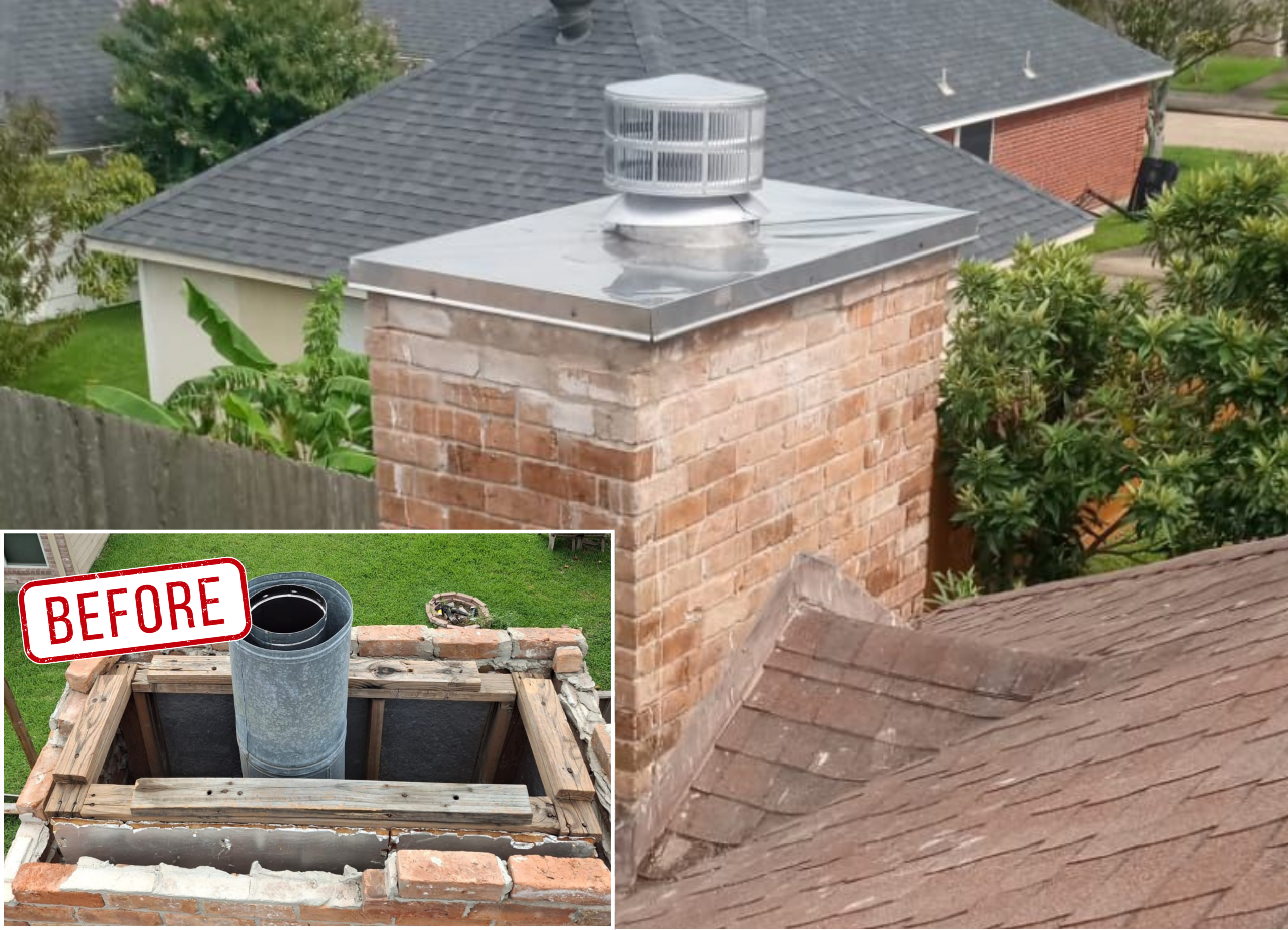 Before and after: siding rebuild with custom chimney cap in Houston