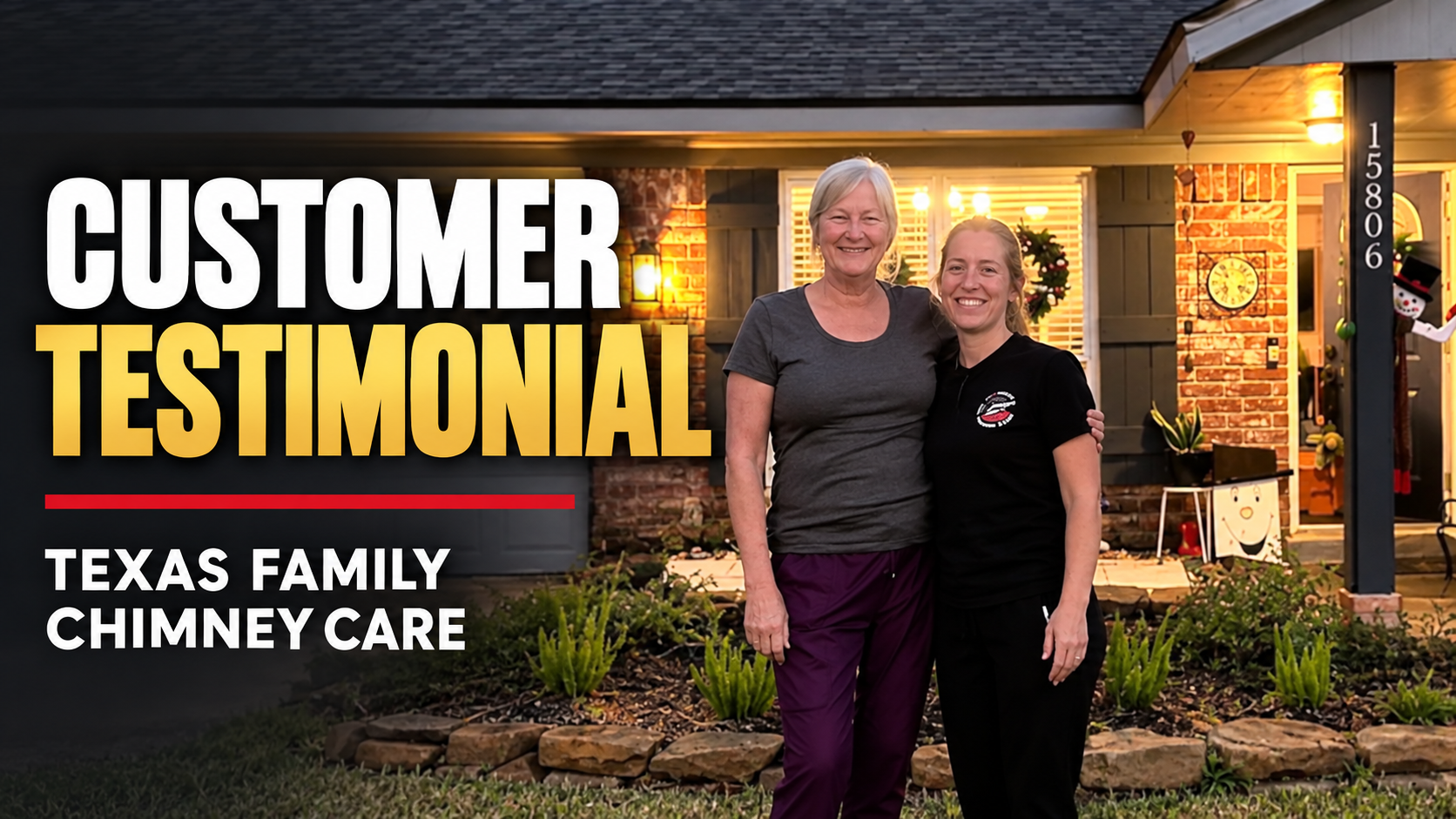 Customer Testimonial - Texas Family Chimney Care, Mary and the technician outside her home