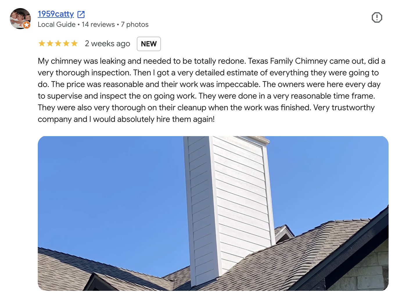 Cathy's 5-star Google review of Texas Family Chimney Care's chimney rebuild in Richmond, TX