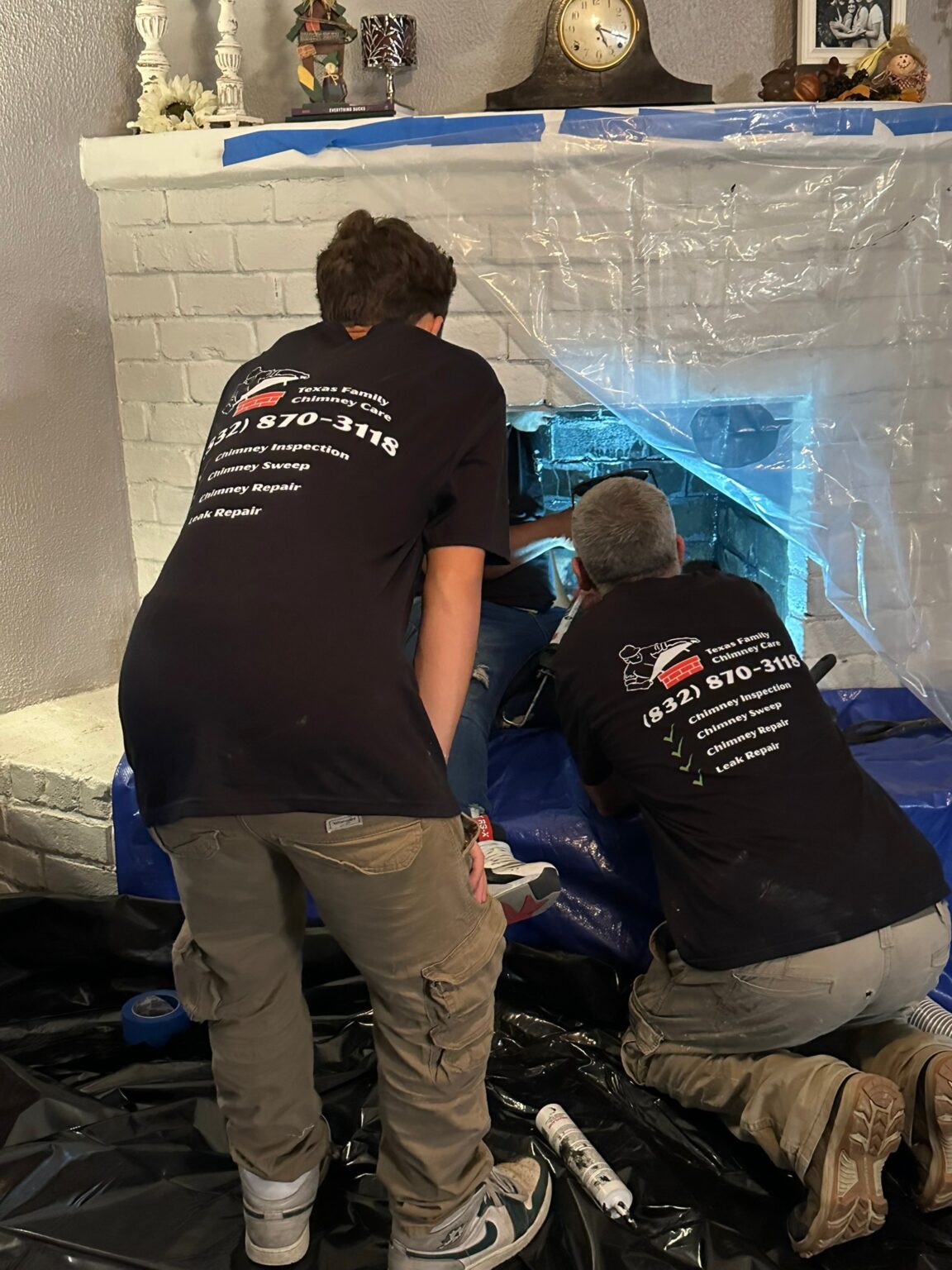Texas Family Chimney Care technicians restoring a fireplace in Charterwood, Houston TX
